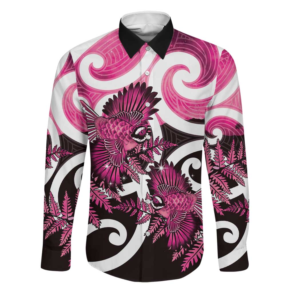 Piwakawaka New Zealand Matariki Family Matching Mermaid Dress and Hawaiian Shirt Maori New Year Silver Fern Pink Galaxy LT14 Dad's Shirt - Long Sleeve Pink - Polynesian Pride