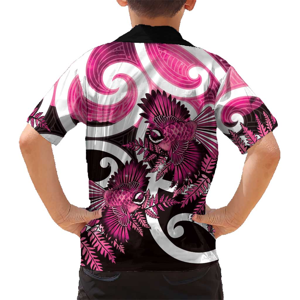 Piwakawaka New Zealand Matariki Family Matching Short Sleeve Bodycon Dress and Hawaiian Shirt Maori New Year Silver Fern Pink Galaxy LT14 - Polynesian Pride