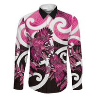 Piwakawaka New Zealand Matariki Family Matching Summer Maxi Dress and Hawaiian Shirt Maori New Year Silver Fern Pink Galaxy LT14 Dad's Shirt - Long Sleeve Pink - Polynesian Pride