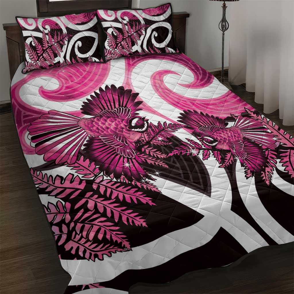 Piwakawaka New Zealand Matariki Quilt Bed Set Maori New Year Silver Fern Pink Galaxy