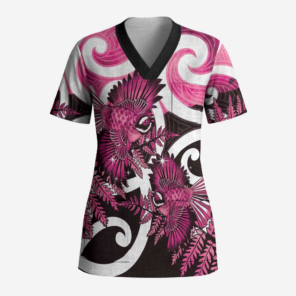 Piwakawaka New Zealand Matariki Scrub Top Maori New Year Silver Fern Pink Galaxy LT14 Adult Pink - Polynesian Pride