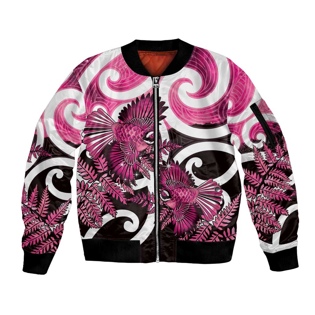 Piwakawaka New Zealand Matariki Sleeve Zip Bomber Jacket Maori New Year Silver Fern Pink Galaxy LT14 Unisex Pink - Polynesian Pride