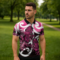 Piwakawaka New Zealand Matariki Zipper Polo Shirt Maori New Year Silver Fern Pink Galaxy LT14 - Polynesian Pride
