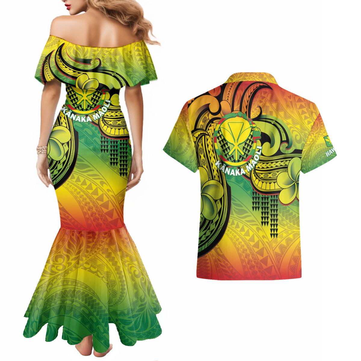 Hawaii Flag Day Couples Matching Mermaid Dress and Hawaiian Shirt Kanaka Maoli With Kakau Polynesian Pattern LT14