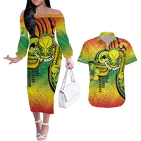 Hawaii Flag Day Couples Matching Off The Shoulder Long Sleeve Dress and Hawaiian Shirt Kanaka Maoli With Kakau Polynesian Pattern LT14