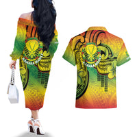 Hawaii Flag Day Couples Matching Off The Shoulder Long Sleeve Dress and Hawaiian Shirt Kanaka Maoli With Kakau Polynesian Pattern LT14