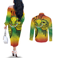 Hawaii Flag Day Couples Matching Off The Shoulder Long Sleeve Dress and Long Sleeve Button Shirt Kanaka Maoli With Kakau Polynesian Pattern LT14