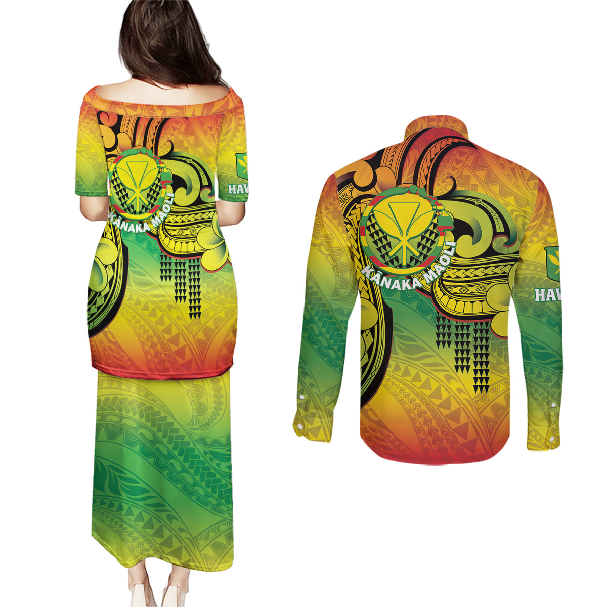 Hawaii Flag Day Couples Matching Puletasi and Long Sleeve Button Shirt Kanaka Maoli With Kakau Polynesian Pattern LT14