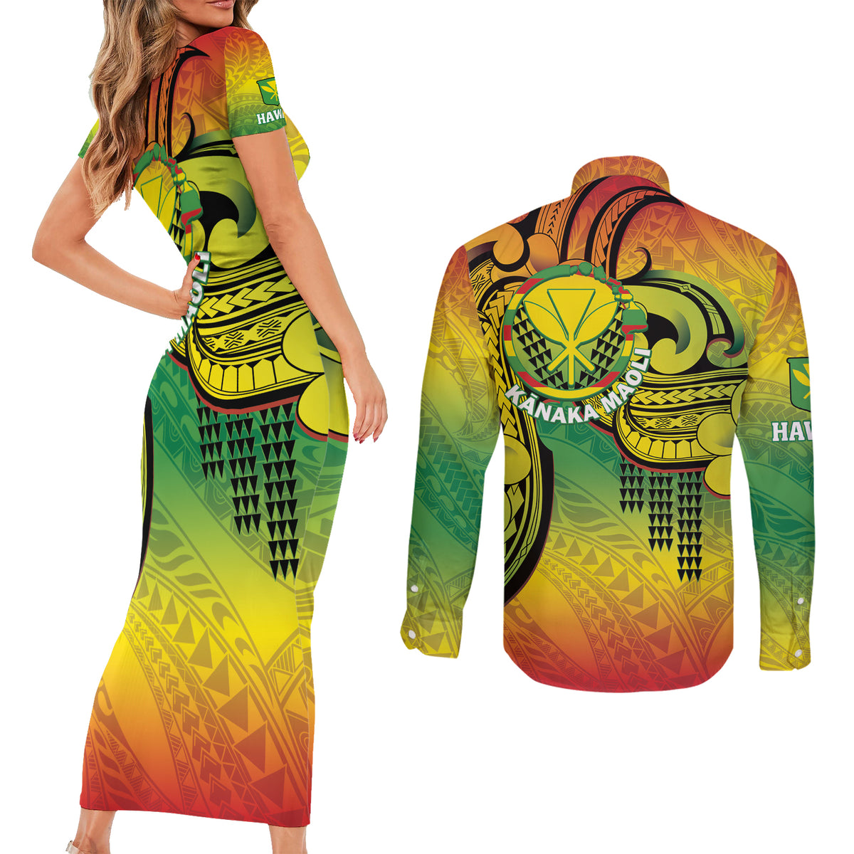 Hawaii Flag Day Couples Matching Short Sleeve Bodycon Dress and Long Sleeve Button Shirt Kanaka Maoli With Kakau Polynesian Pattern LT14