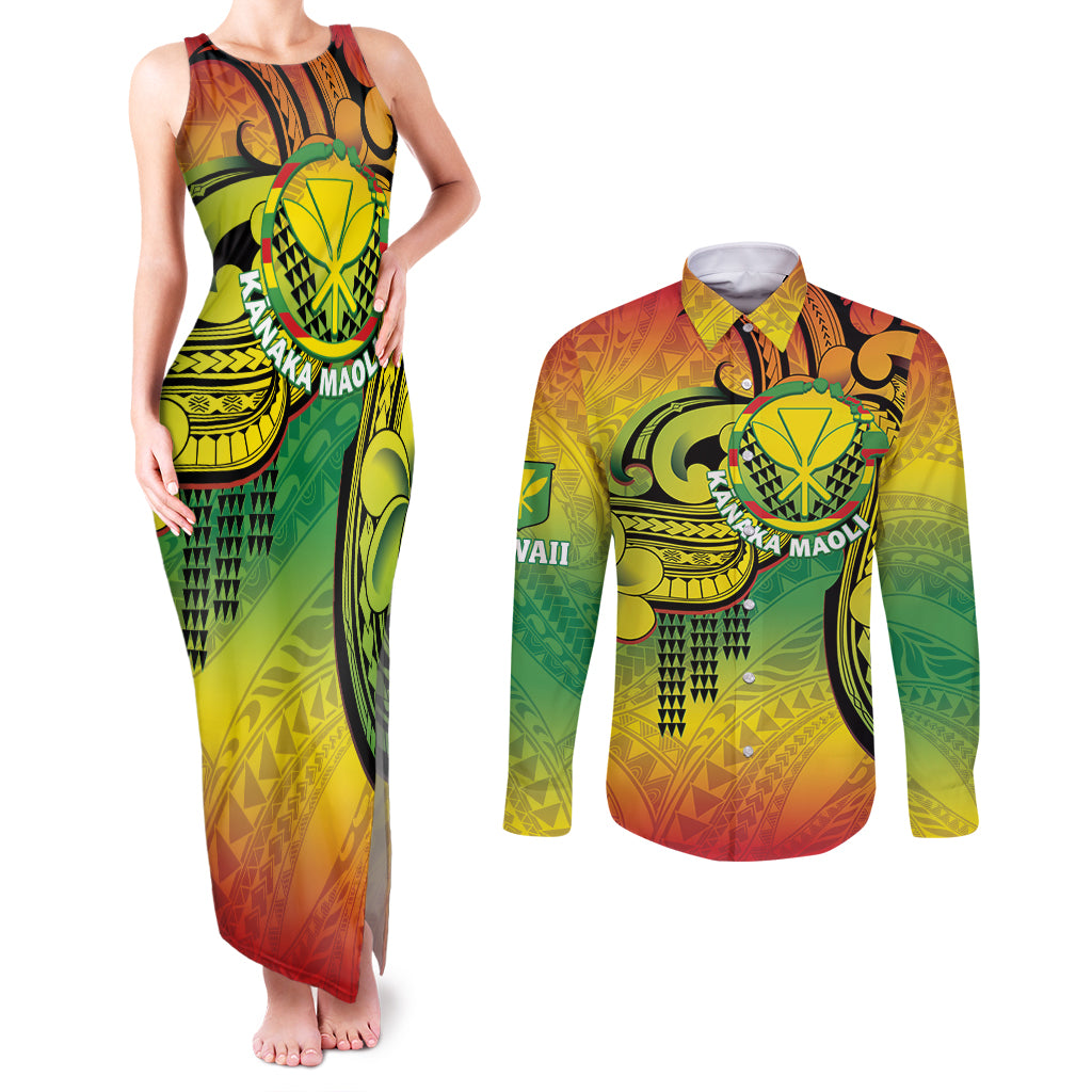 Hawaii Flag Day Couples Matching Tank Maxi Dress and Long Sleeve Button Shirt Kanaka Maoli With Kakau Polynesian Pattern LT14