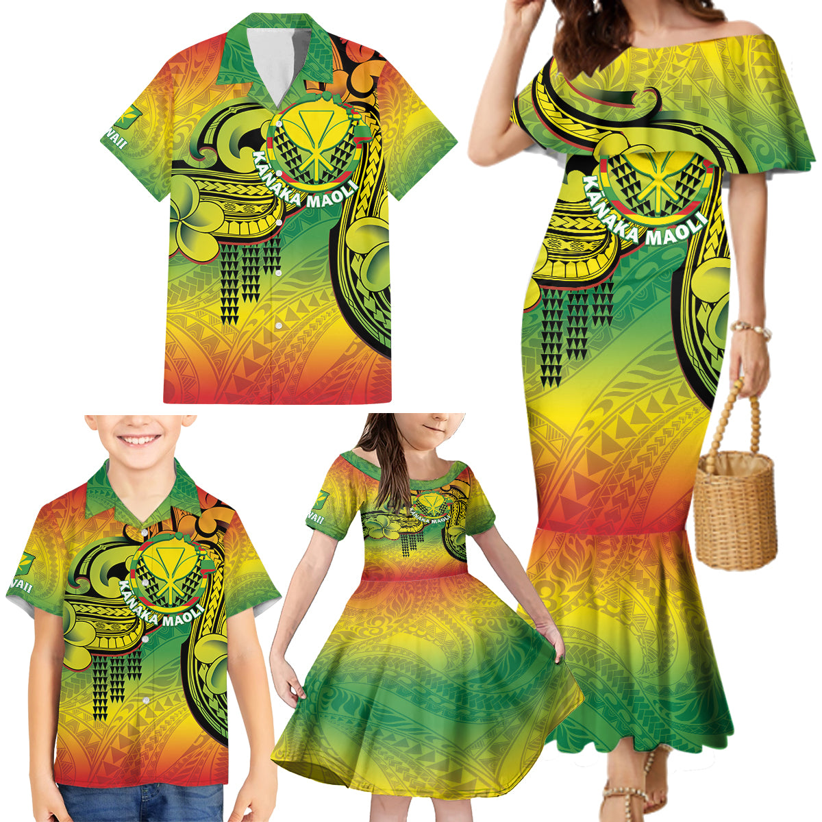 Hawaii Flag Day Family Matching Mermaid Dress and Hawaiian Shirt Kanaka Maoli With Kakau Polynesian Pattern LT14