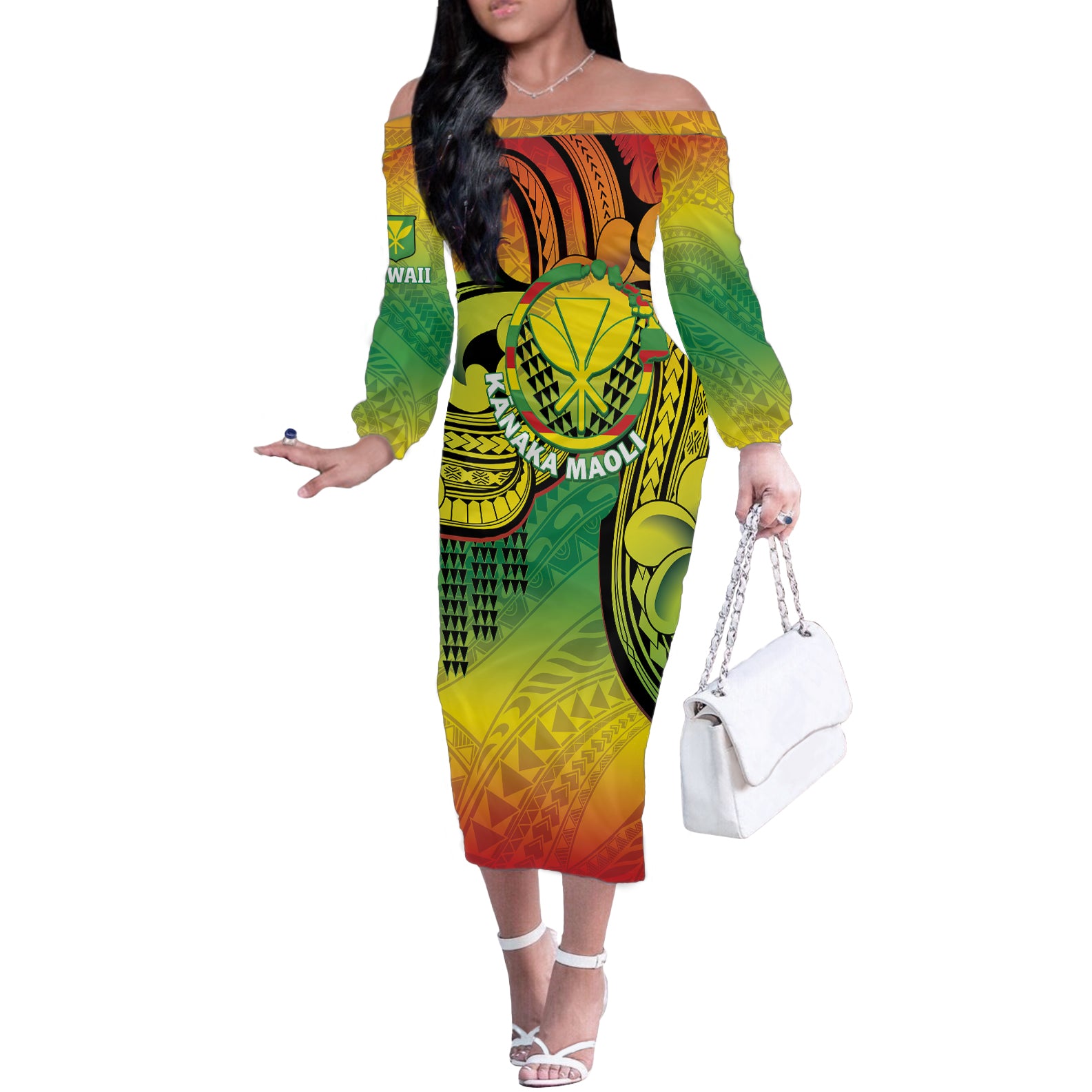 Hawaii Flag Day Off The Shoulder Long Sleeve Dress Kanaka Maoli With Kakau Polynesian Pattern LT14