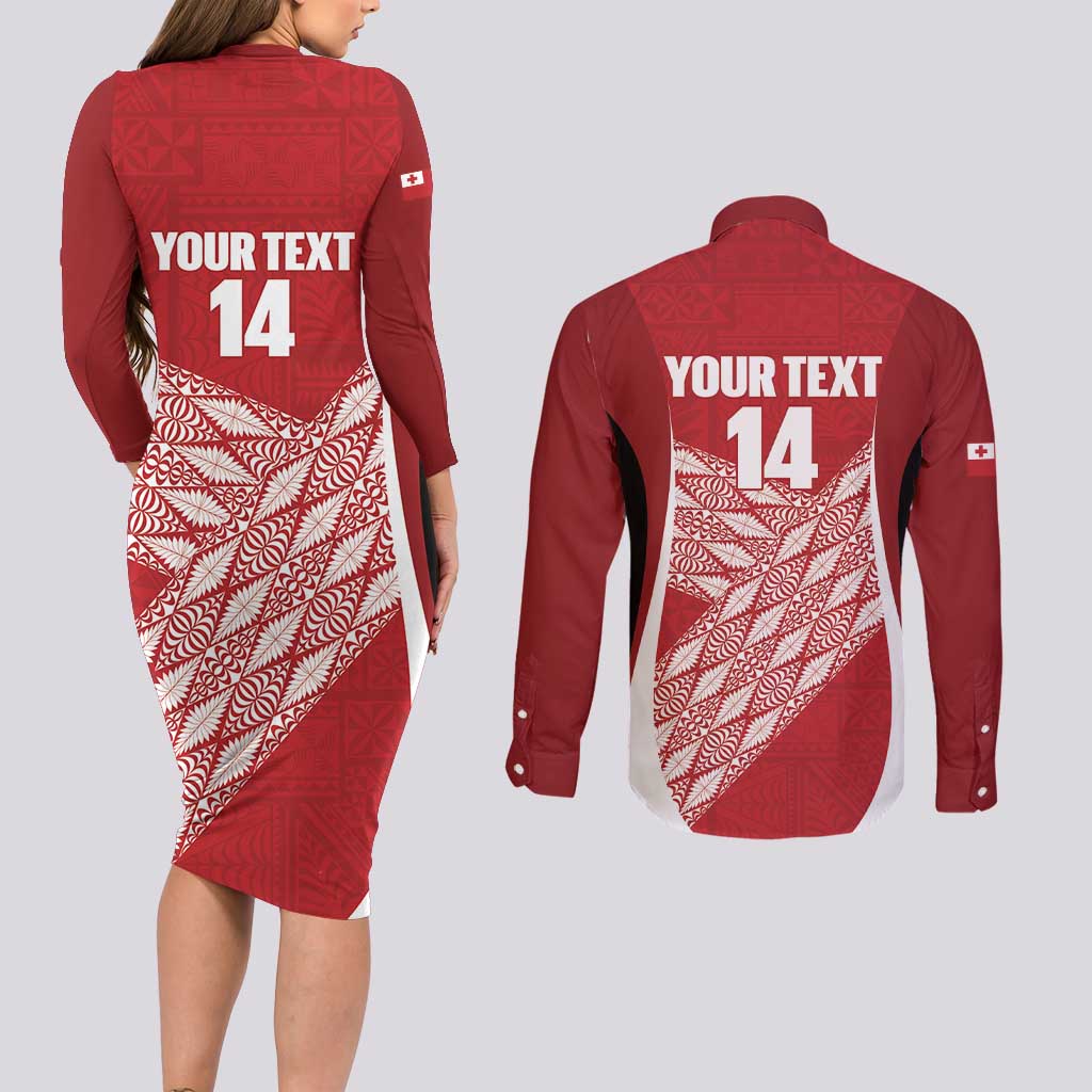 Tonga Rugby Custom Couples Matching Long Sleeve Bodycon Dress and Long Sleeve Button Shirt Go ʻIkale Tahi Go Tongan Tapa Cloth