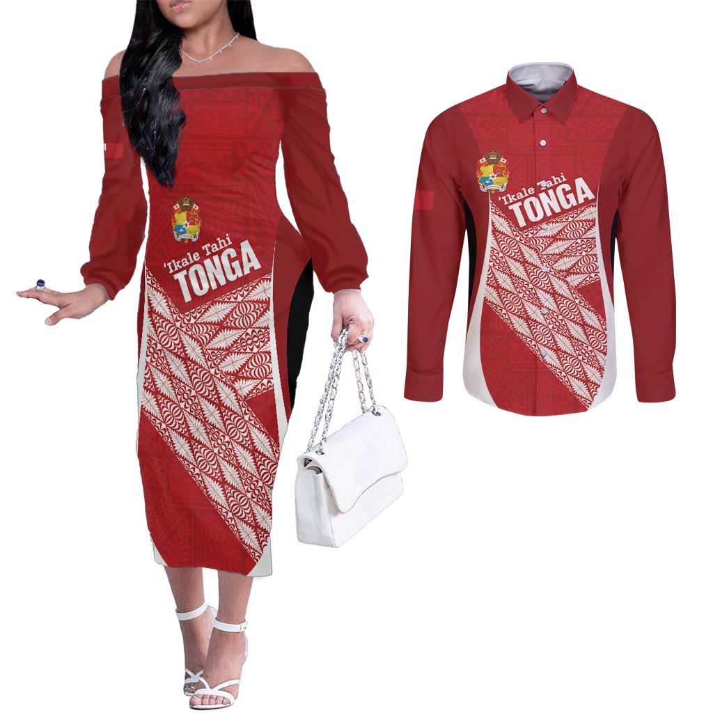 Tonga Rugby Custom Couples Matching Off The Shoulder Long Sleeve Dress and Long Sleeve Button Shirt Go ʻIkale Tahi Go Tongan Tapa Cloth