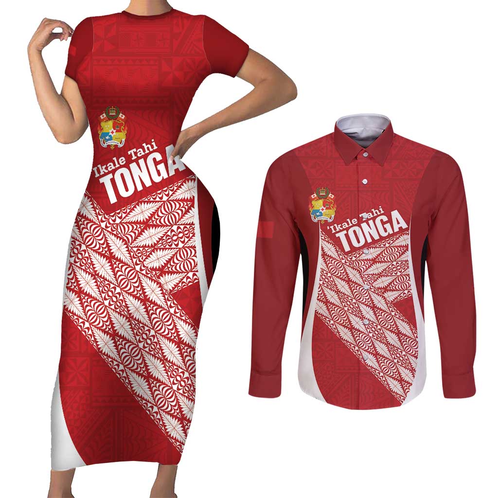 Tonga Rugby Custom Couples Matching Short Sleeve Bodycon Dress and Long Sleeve Button Shirt Go ʻIkale Tahi Go Tongan Tapa Cloth