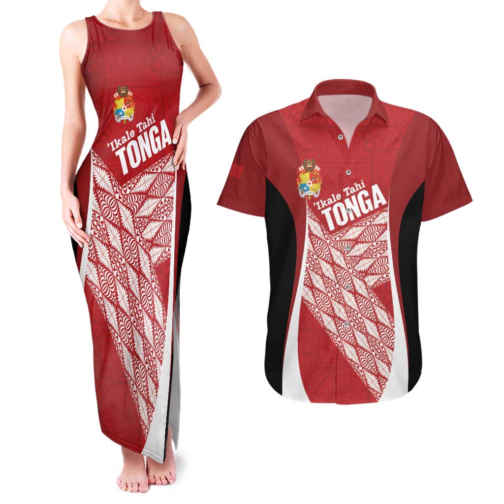 Tonga Rugby Custom Couples Matching Tank Maxi Dress and Hawaiian Shirt Go ʻIkale Tahi Go Tongan Tapa Cloth