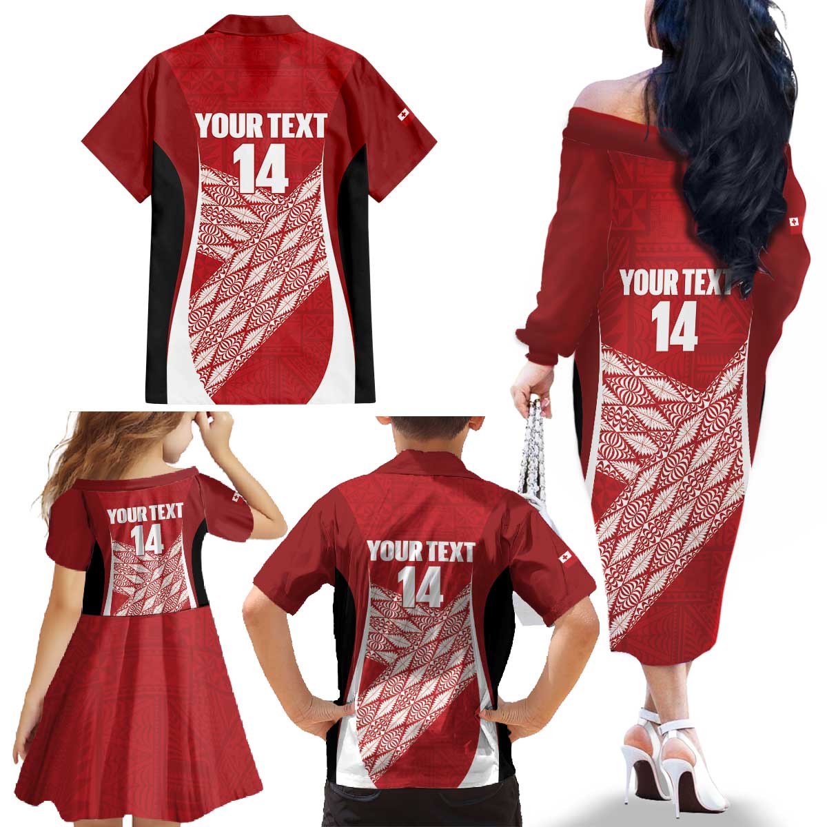 Tonga Rugby Custom Family Matching Off The Shoulder Long Sleeve Dress and Hawaiian Shirt Go ʻIkale Tahi Go Tongan Tapa Cloth