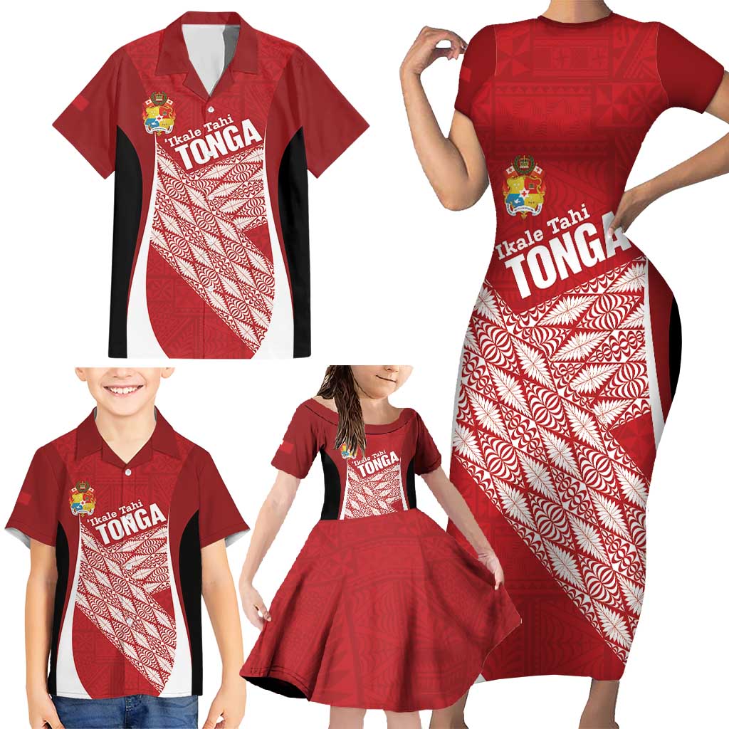 Tonga Rugby Custom Family Matching Short Sleeve Bodycon Dress and Hawaiian Shirt Go ʻIkale Tahi Go Tongan Tapa Cloth
