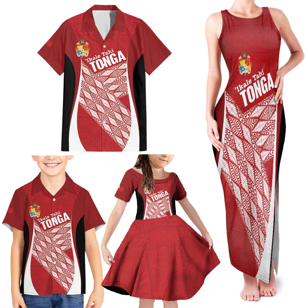 Tonga Rugby Custom Family Matching Tank Maxi Dress and Hawaiian Shirt Go ʻIkale Tahi Go Tongan Tapa Cloth