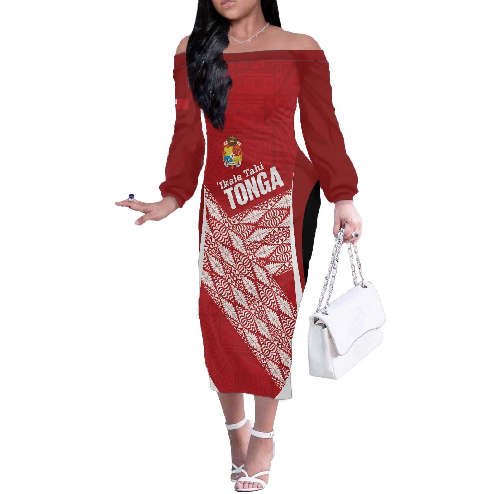 Tonga Rugby Custom Off The Shoulder Long Sleeve Dress Go ʻIkale Tahi Go Tongan Tapa Cloth