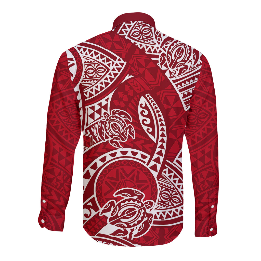 Polynesian Pride Hawaii Long Sleeve Button Shirt Hawaiian Tribal Honu Red Version LT14 - Polynesian Pride