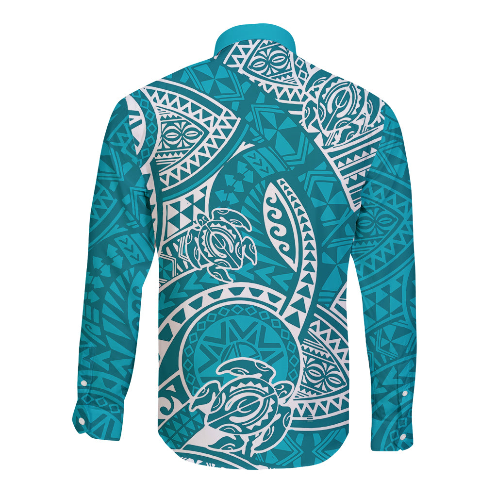Polynesian Pride Hawaii Long Sleeve Button Shirt Hawaiian Tribal Honu Turquoise Version LT14 - Polynesian Pride