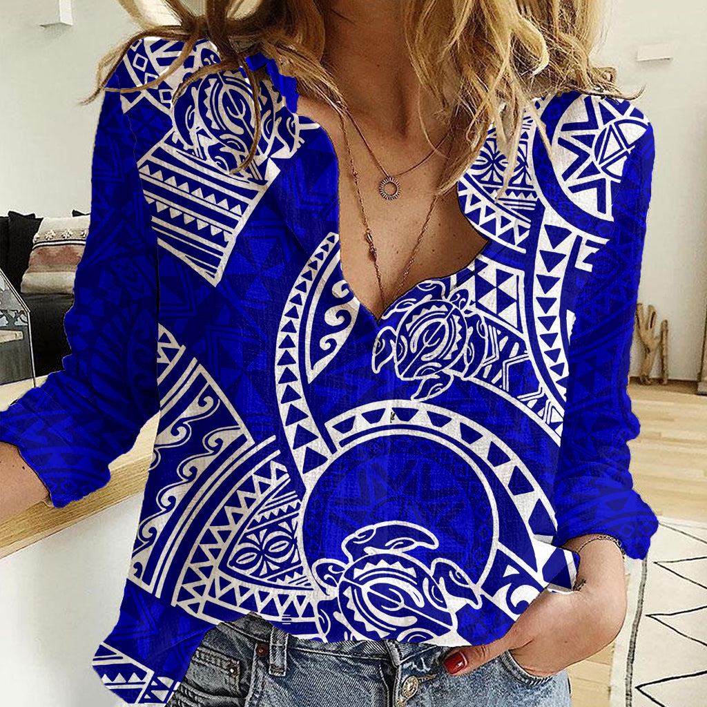 Polynesian Pride Hawaii Women Casual Shirt Hawaiian Tribal Honu Blue Version LT14 Female Blue - Polynesian Pride