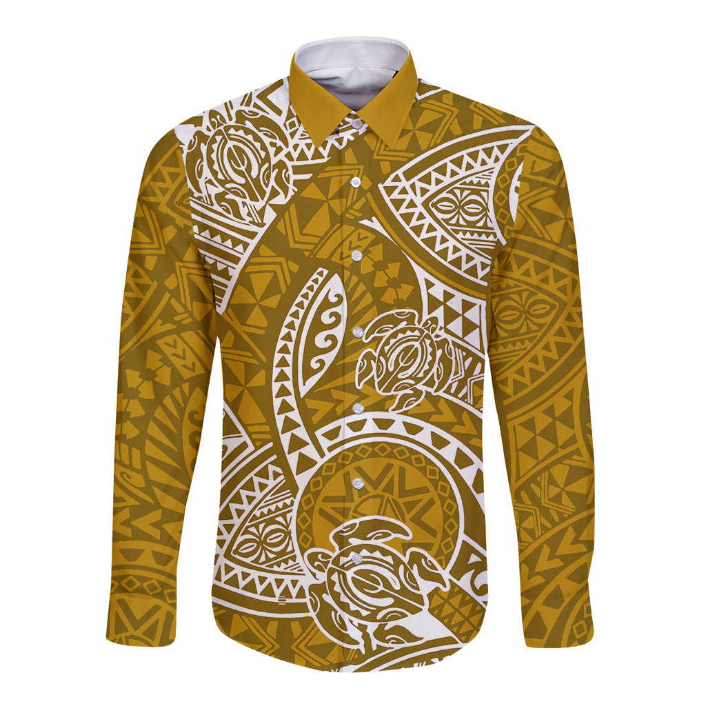 Polynesian Pride Hawaii Long Sleeve Button Shirt Hawaiian Tribal Honu Gold Version LT14 Unisex Gold - Polynesian Pride
