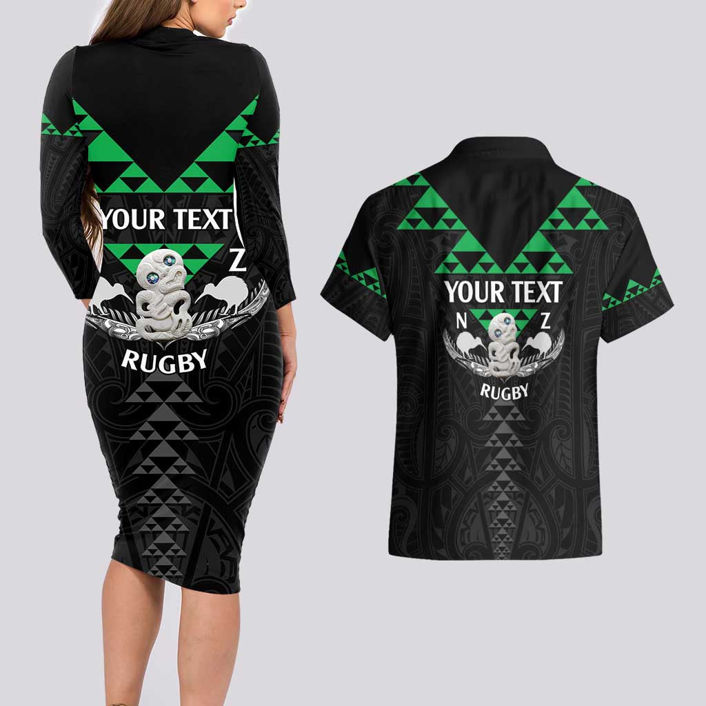 Personalised Aotearoa Rugby Couples Matching Long Sleeve Bodycon Dress and Hawaiian Shirt New Zealand Maori Kete Matauranga Pattern LT14 - Polynesian Pride