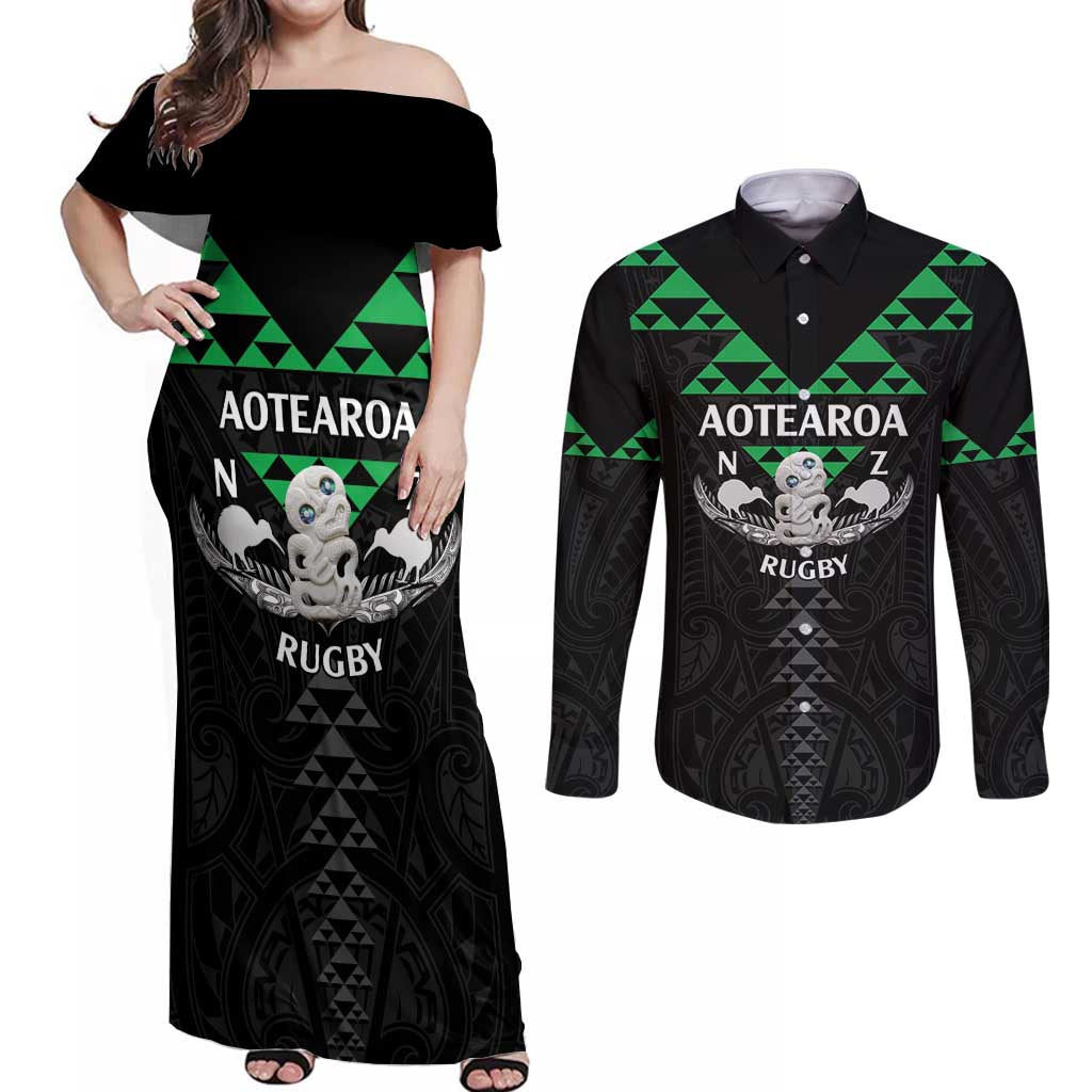 Personalised Aotearoa Rugby Couples Matching Off Shoulder Maxi Dress and Long Sleeve Button Shirt New Zealand Maori Kete Matauranga Pattern LT14 Black - Polynesian Pride