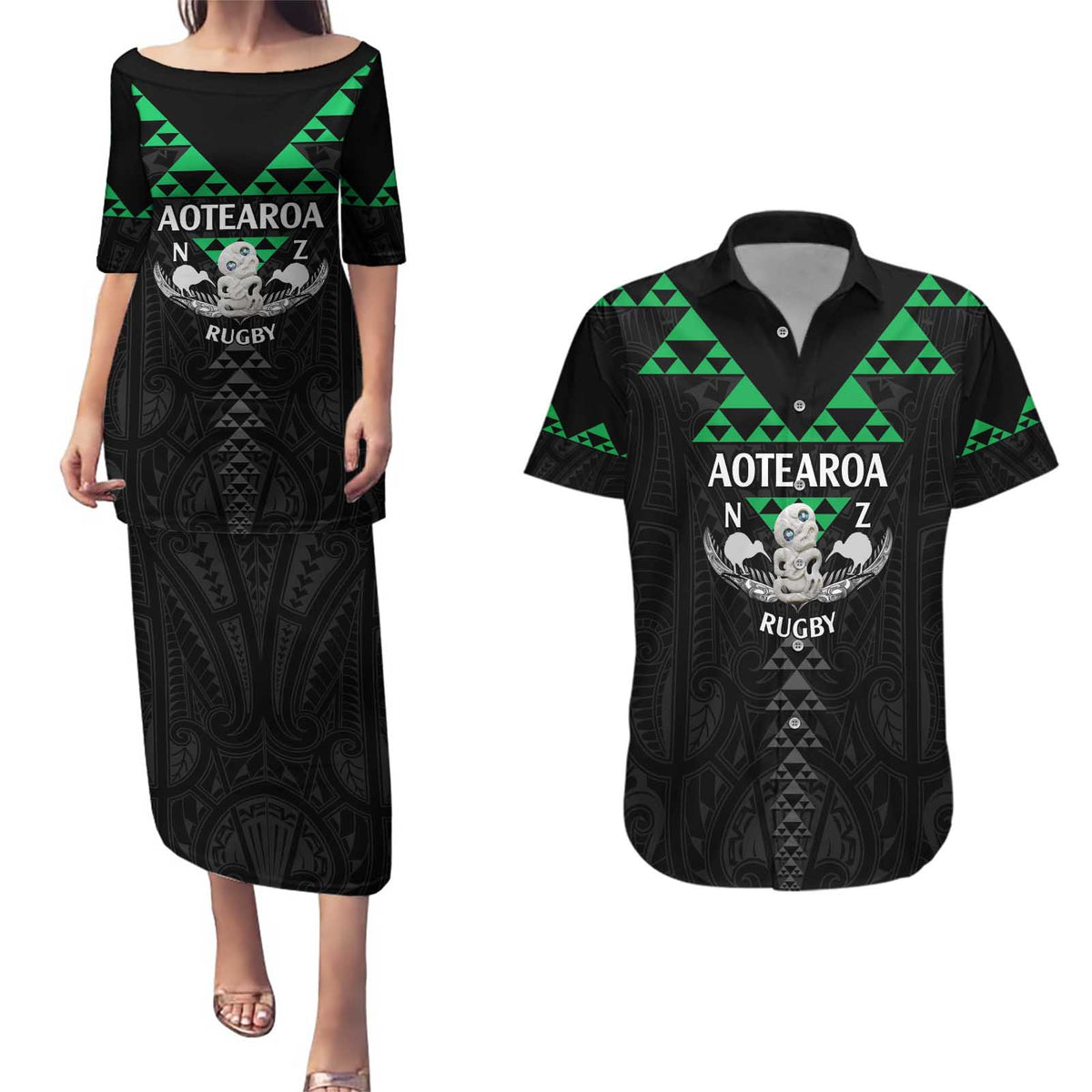 Personalised Aotearoa Rugby Couples Matching Puletasi and Hawaiian Shirt New Zealand Maori Kete Matauranga Pattern LT14 Black - Polynesian Pride