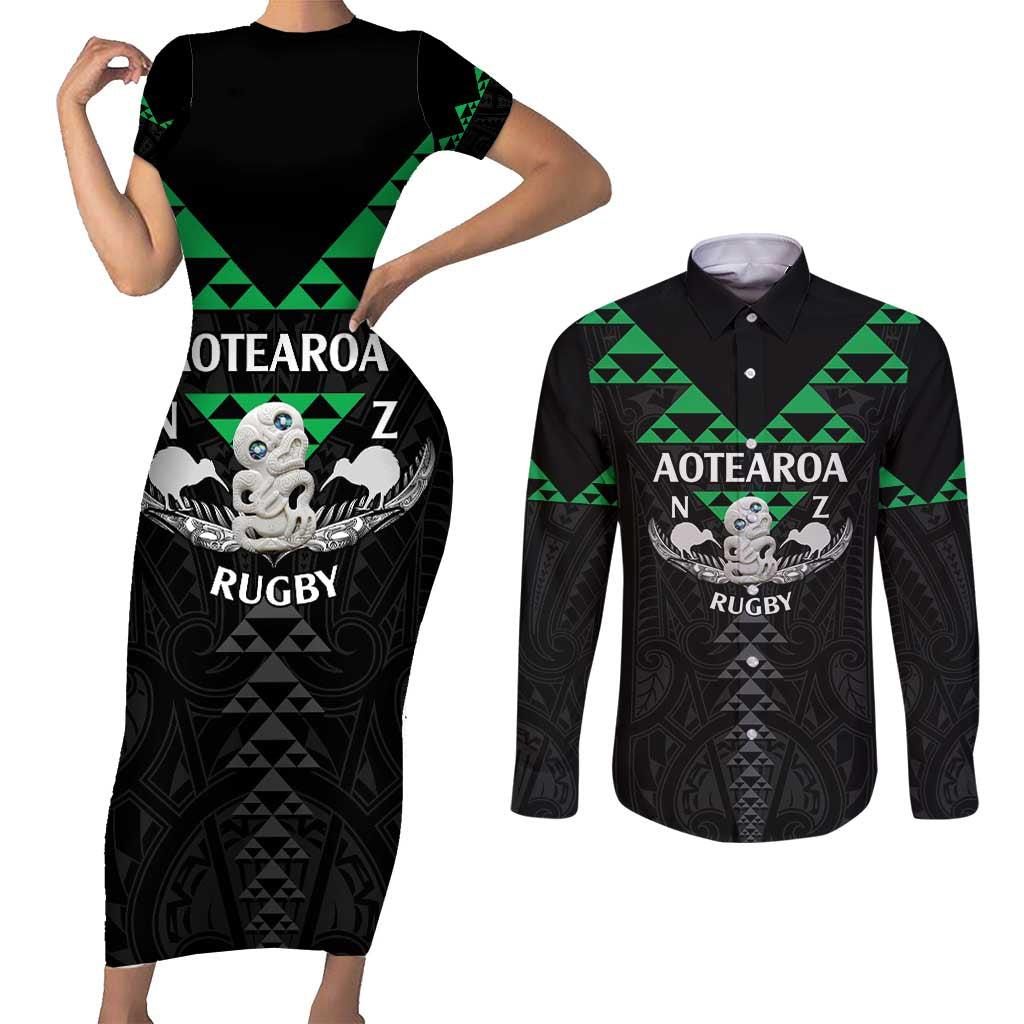 Personalised Aotearoa Rugby Couples Matching Short Sleeve Bodycon Dress and Long Sleeve Button Shirt New Zealand Maori Kete Matauranga Pattern