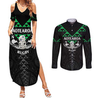Personalised Aotearoa Rugby Couples Matching Summer Maxi Dress and Long Sleeve Button Shirt New Zealand Maori Kete Matauranga Pattern LT14 Black - Polynesian Pride