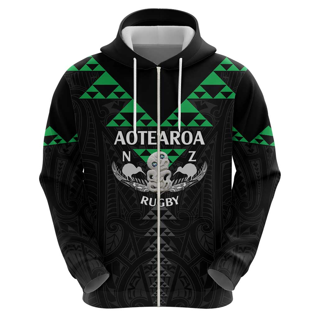 Personalised Aotearoa Rugby Zip Hoodie New Zealand Maori Kete Matauranga Pattern
