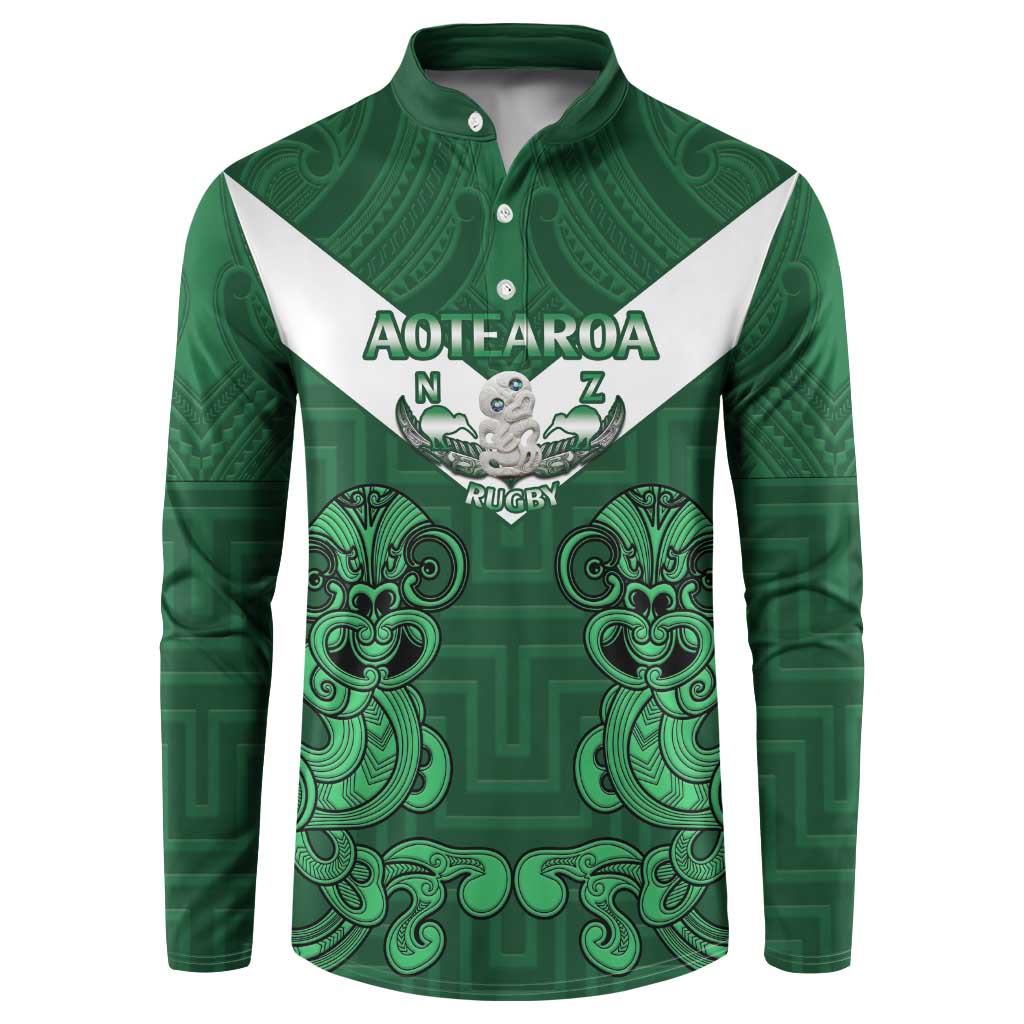 Custom Aotearoa Rugby Button Sweatshirt New Zealand Maori Kete Poutama Pattern LT14 Green - Polynesian Pride