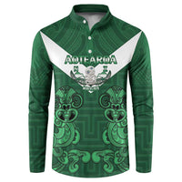 Custom Aotearoa Rugby Button Sweatshirt New Zealand Maori Kete Poutama Pattern LT14 Green - Polynesian Pride