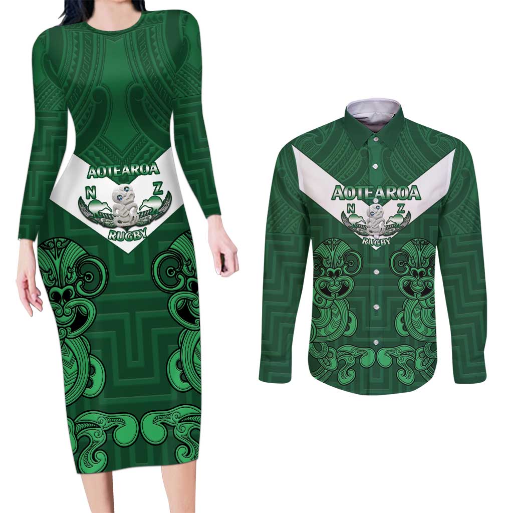 Custom Aotearoa Rugby Couples Matching Long Sleeve Bodycon Dress and Long Sleeve Button Shirt New Zealand Maori Kete Poutama Pattern LT14 Green - Polynesian Pride