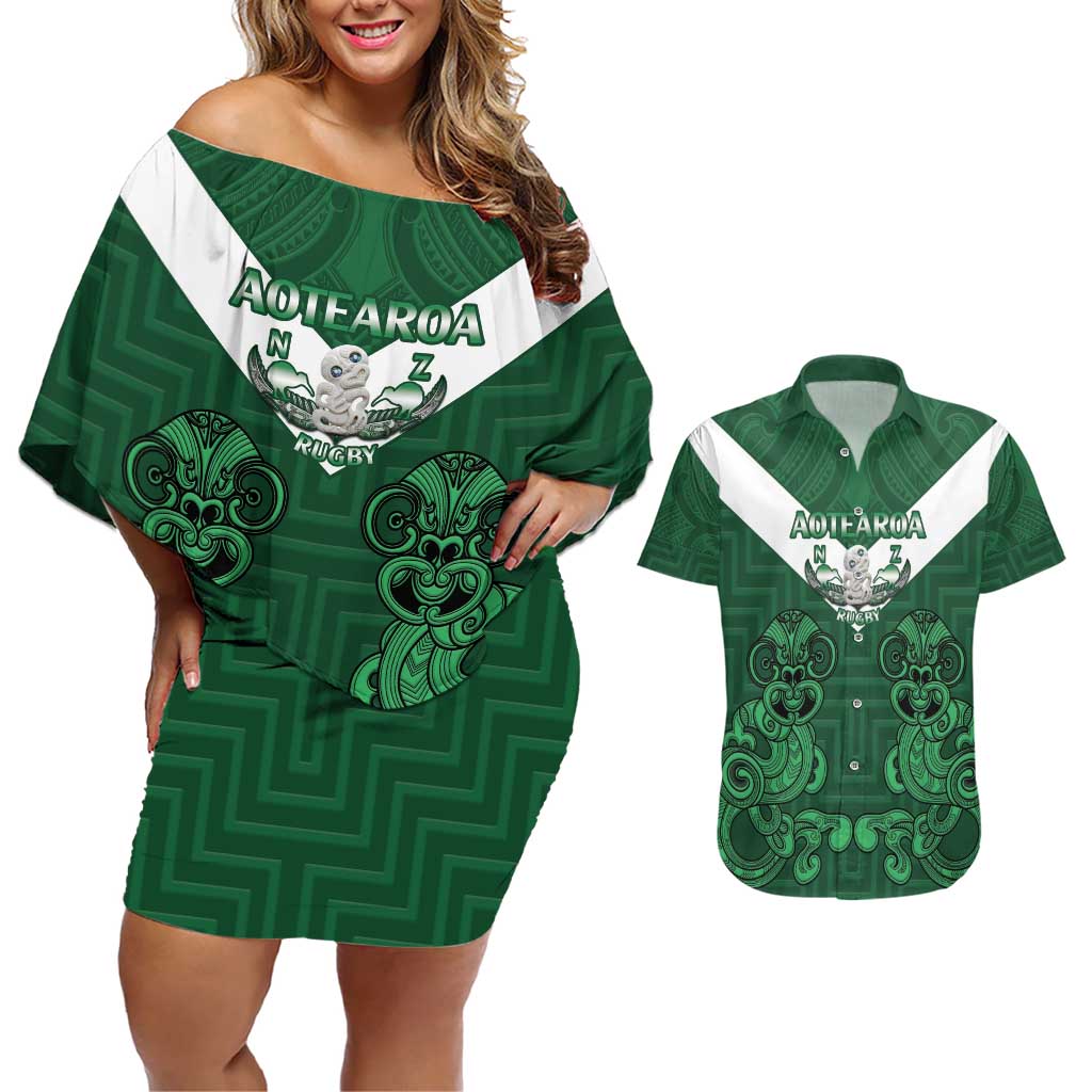 Custom Aotearoa Rugby Couples Matching Off Shoulder Short Dress and Hawaiian Shirt New Zealand Maori Kete Poutama Pattern LT14 Green - Polynesian Pride