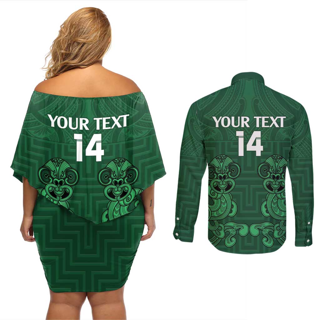 Custom Aotearoa Rugby Couples Matching Off Shoulder Short Dress and Long Sleeve Button Shirt New Zealand Maori Kete Poutama Pattern LT14 - Polynesian Pride