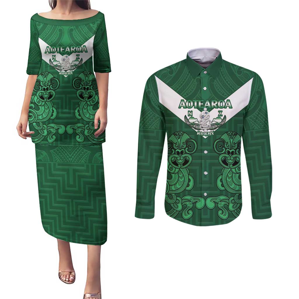 Custom Aotearoa Rugby Couples Matching Puletasi and Long Sleeve Button Shirt New Zealand Maori Kete Poutama Pattern LT14 Green - Polynesian Pride