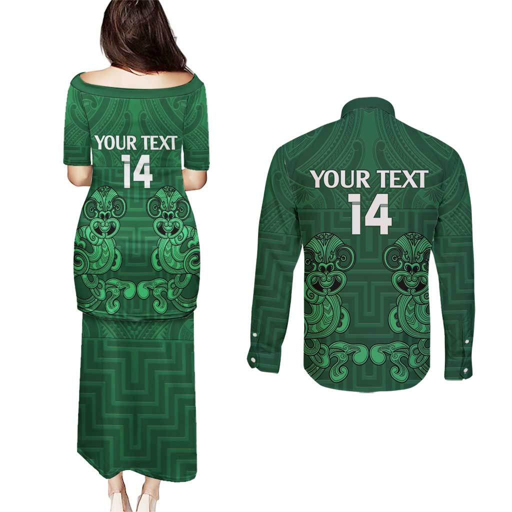 Custom Aotearoa Rugby Couples Matching Puletasi and Long Sleeve Button Shirt New Zealand Maori Kete Poutama Pattern LT14 - Polynesian Pride
