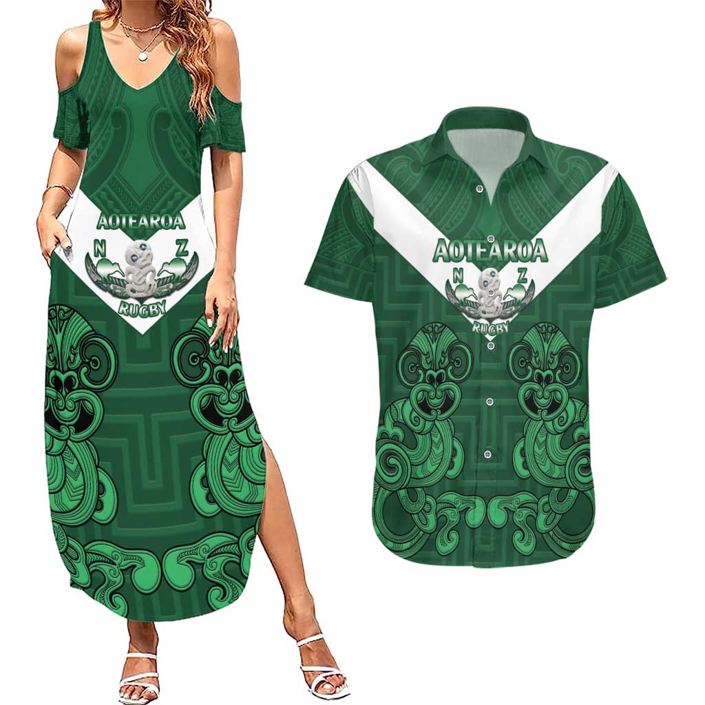 Custom Aotearoa Rugby Couples Matching Summer Maxi Dress and Hawaiian Shirt New Zealand Maori Kete Poutama Pattern LT14 Green - Polynesian Pride