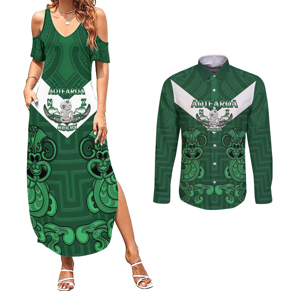 Custom Aotearoa Rugby Couples Matching Summer Maxi Dress and Long Sleeve Button Shirt New Zealand Maori Kete Poutama Pattern LT14 Green - Polynesian Pride