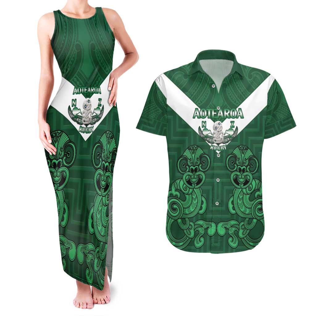 Custom Aotearoa Rugby Couples Matching Tank Maxi Dress and Hawaiian Shirt New Zealand Maori Kete Poutama Pattern LT14 Green - Polynesian Pride