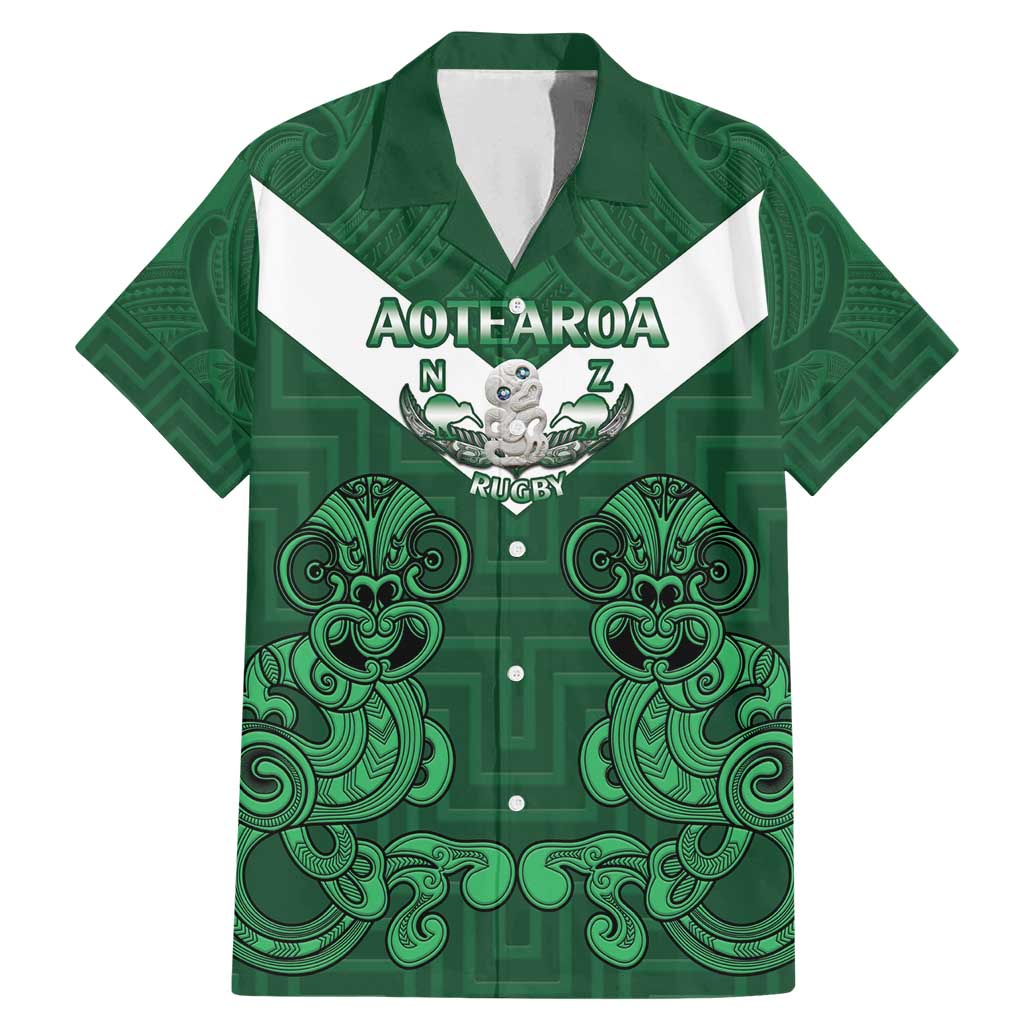 Custom Aotearoa Rugby Family Matching Mermaid Dress and Hawaiian Shirt New Zealand Maori Kete Poutama Pattern LT14 Dad's Shirt - Short Sleeve Green - Polynesian Pride