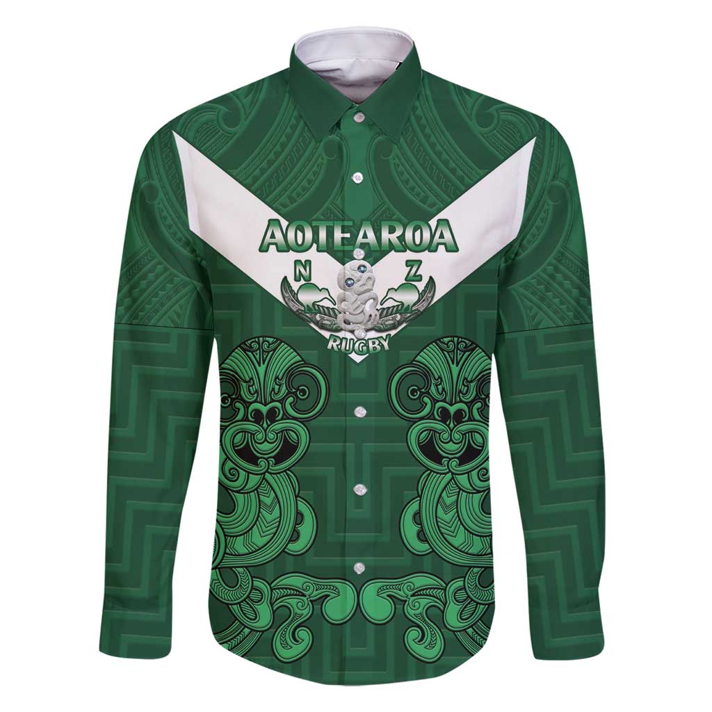 Custom Aotearoa Rugby Family Matching Mermaid Dress and Hawaiian Shirt New Zealand Maori Kete Poutama Pattern LT14 Dad's Shirt - Long Sleeve Green - Polynesian Pride