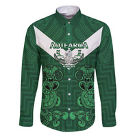 Custom Aotearoa Rugby Family Matching Mermaid Dress and Hawaiian Shirt New Zealand Maori Kete Poutama Pattern LT14 Dad's Shirt - Long Sleeve Green - Polynesian Pride