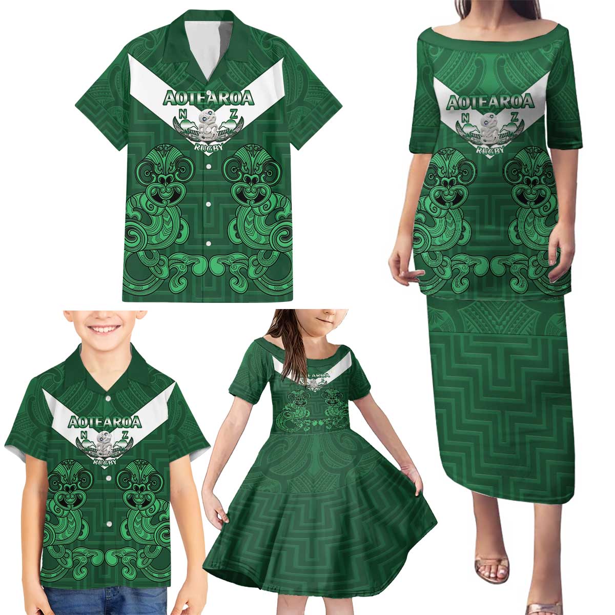 Custom Aotearoa Rugby Family Matching Puletasi and Hawaiian Shirt New Zealand Maori Kete Poutama Pattern LT14 - Polynesian Pride