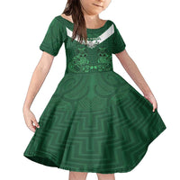 Custom Aotearoa Rugby Family Matching Short Sleeve Bodycon Dress and Hawaiian Shirt New Zealand Maori Kete Poutama Pattern LT14 Daughter's Dress Green - Polynesian Pride