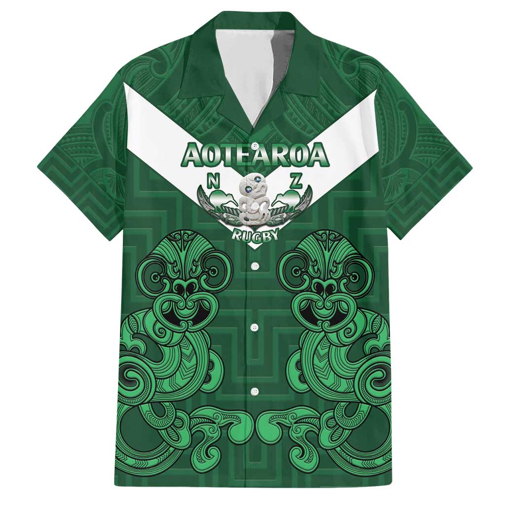 Custom Aotearoa Rugby Family Matching Short Sleeve Bodycon Dress and Hawaiian Shirt New Zealand Maori Kete Poutama Pattern LT14 Dad's Shirt - Short Sleeve Green - Polynesian Pride